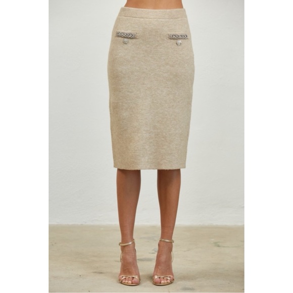 1029 • Light Taupe Fluffy Soft Cardi & Skirt Set w/Rhinestone Trim Details - Picture 8 of 8